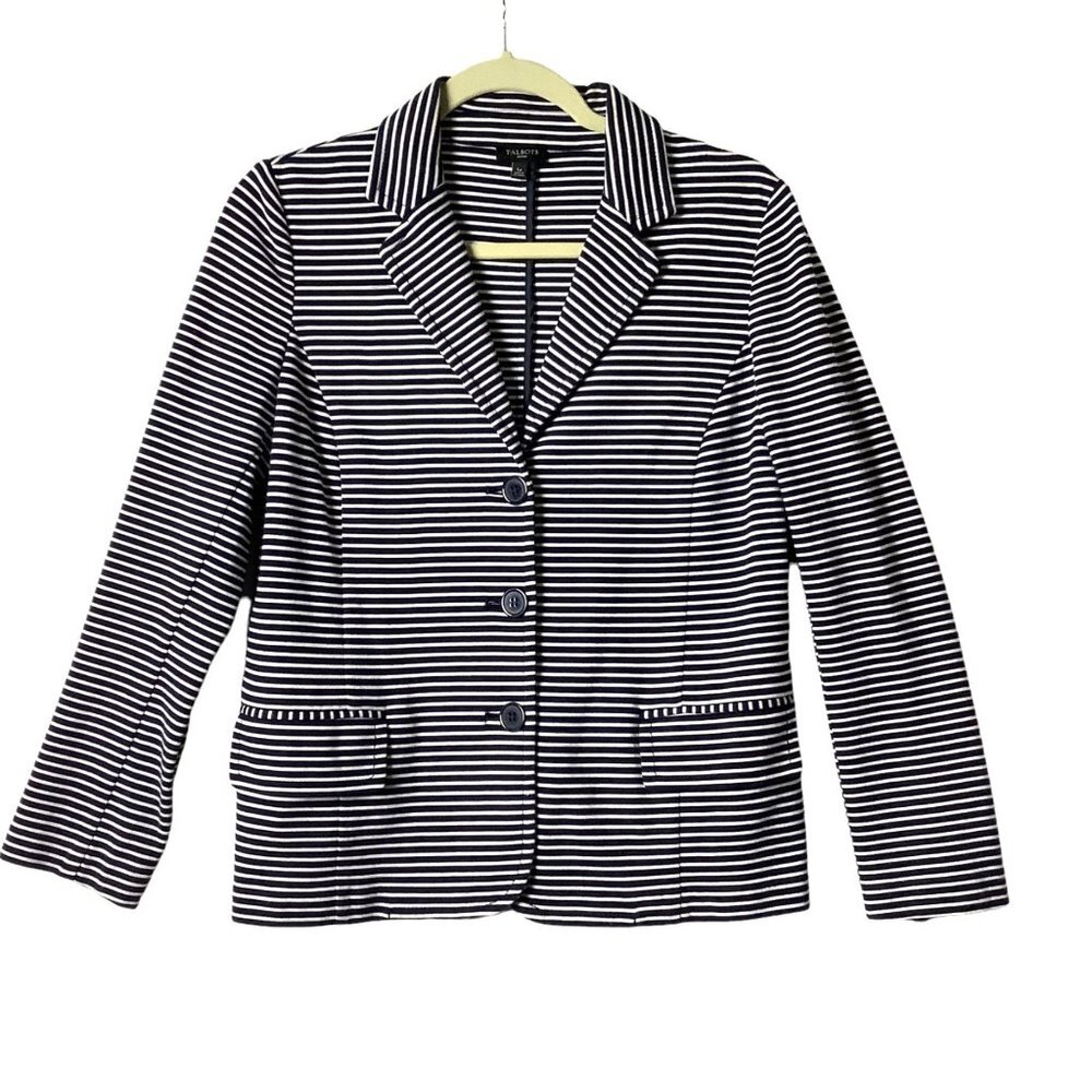 Talbots Blazer Women Size Large‎ Petite Navy White Stripes Cotton Blend Nautical